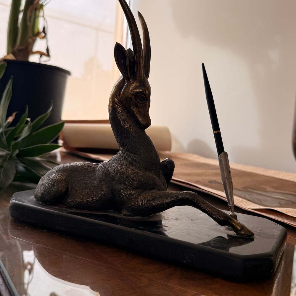 Vintage French Art Deco Spelter Gazelle Statue on Marble Base Pen Holder